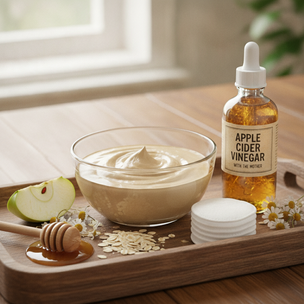 Apple cider vinegar face mask in glass bowl with bottle Apple cider vinegar face mask in glass bowl with bottle