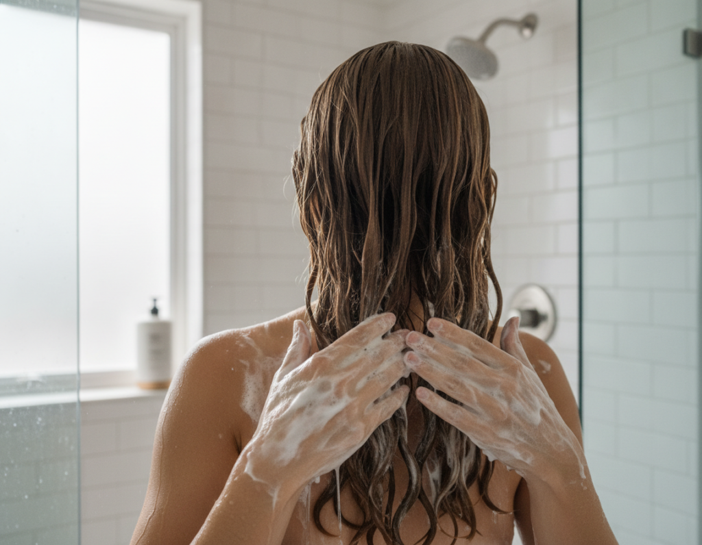 Applying conditioner to protect long hair during wash day