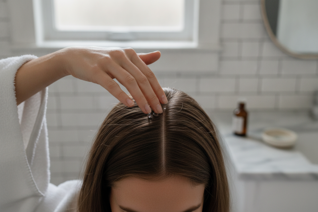 Applying diluted oil to the scalp with fingertips Applying diluted oil to the scalp with fingertips