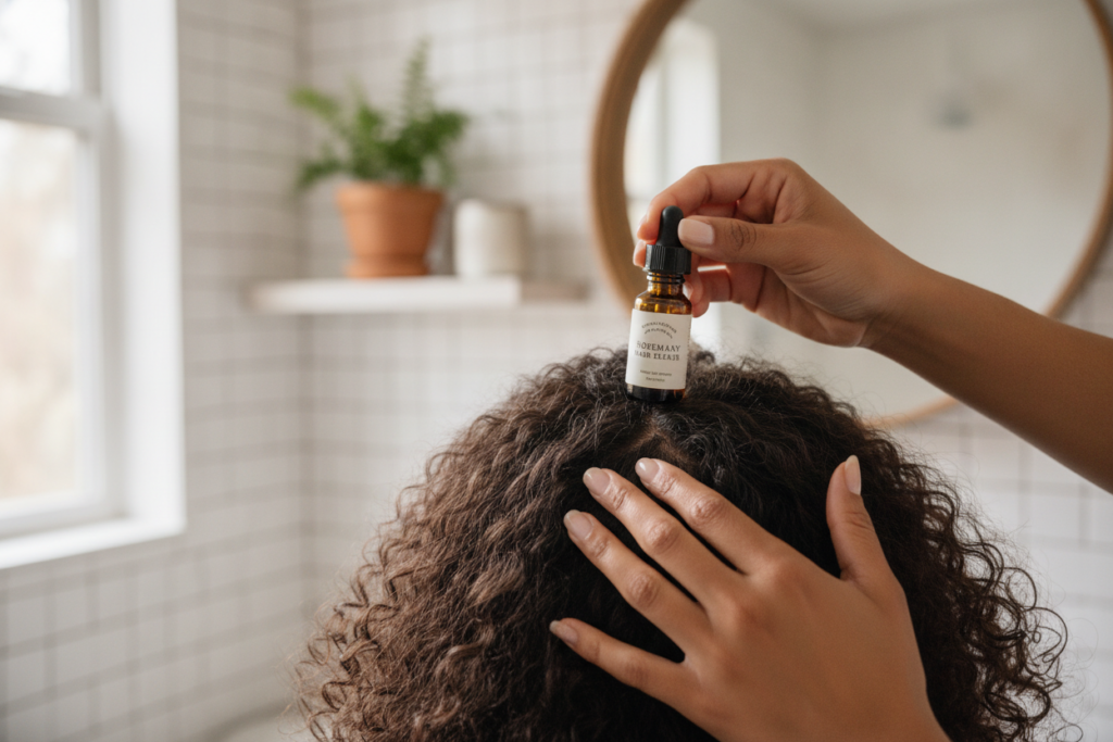 Applying rosemary hair oil along scalp sections Applying rosemary hair oil along scalp sections