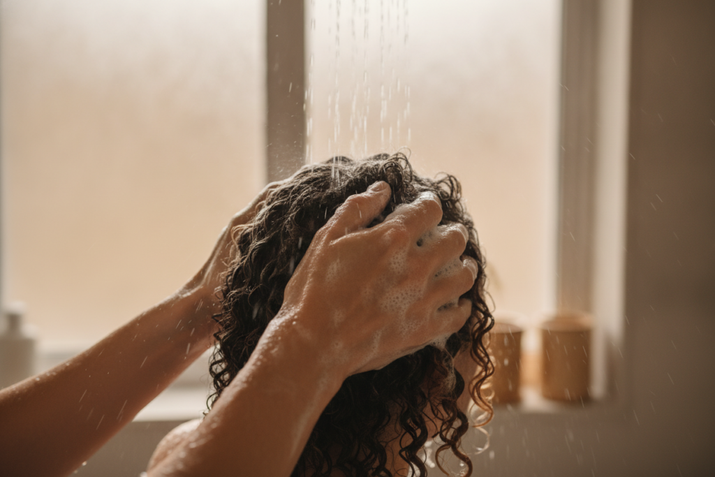 Applying shampoo to curly hair during a gentle wash