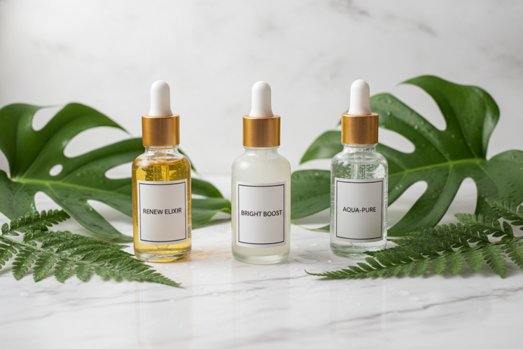 Arrangement of skincare serums with key active ingredients displayed elegantly