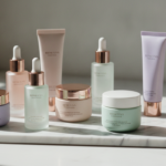 Array of luxury skincare products arranged on marble surface with natural lighting