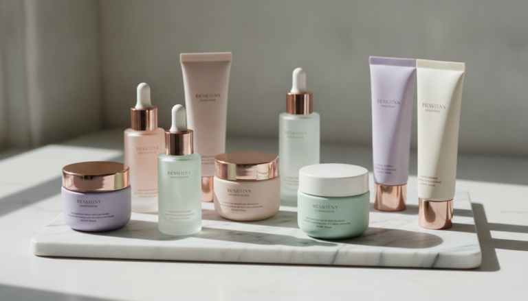 Array of luxury skincare products arranged on marble surface with natural lighting