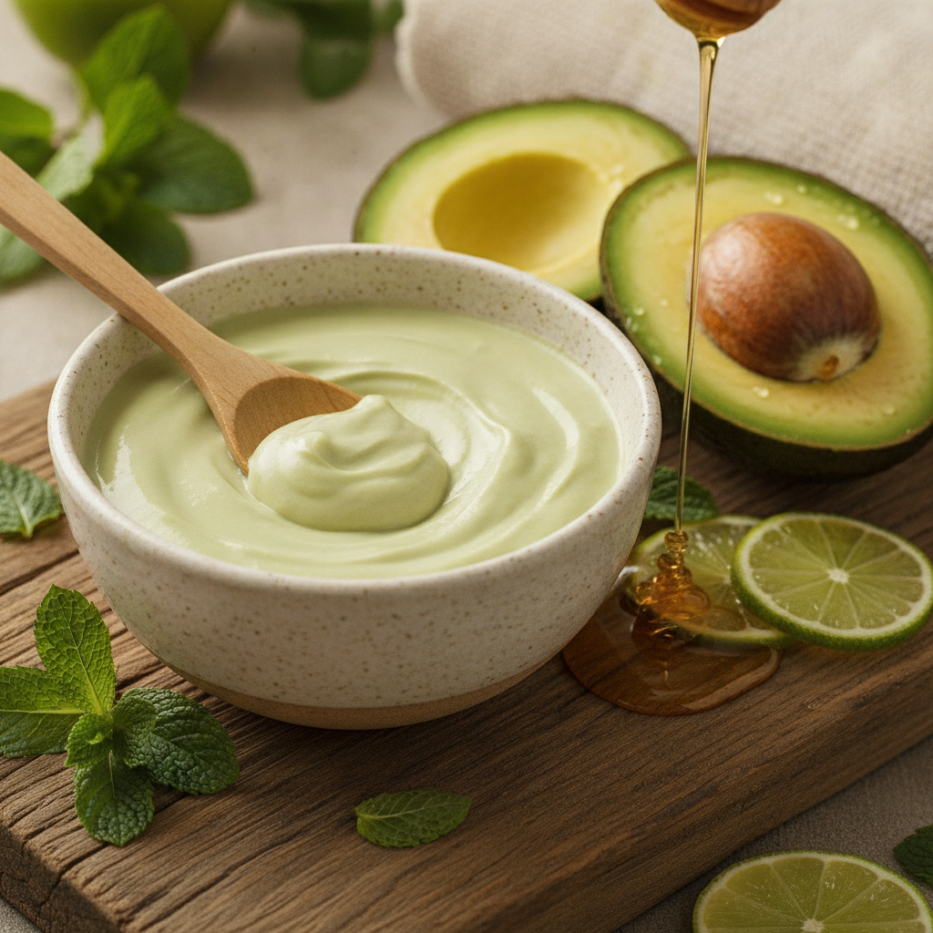 Avocado face mask in bowl with fresh avocado halves Avocado face mask in bowl with fresh avocado halves