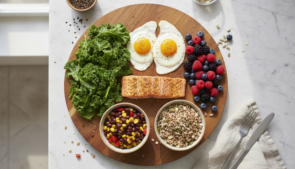 Balanced foods including eggs beans greens and fish for hair health