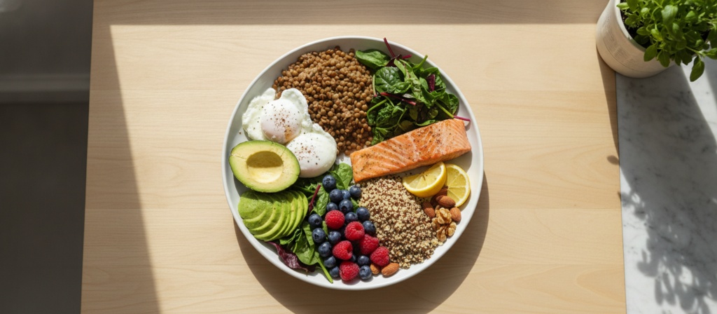 Balanced foods with nutrients that support hair health
