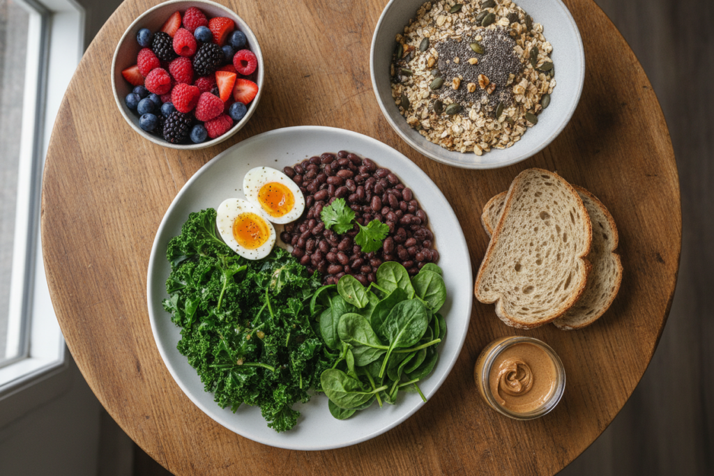 Balanced meal with eggs beans vegetables and seeds for hair health