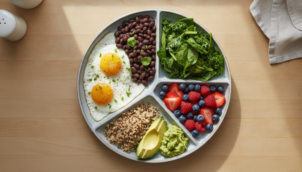 Balanced meal with protein and colorful vegetables