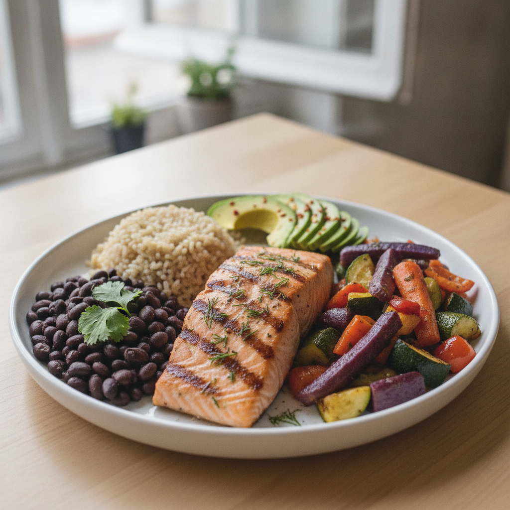 Balanced meal with protein and vegetables for healthy hair