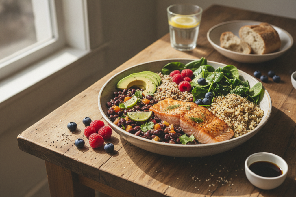 Balanced meal with protein vegetables and healthy fats Balanced meal with protein vegetables and healthy fats