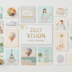 Beautiful aesthetic vision board with 2027 goals including wellness, career, and personal growth elements arranged in soft pastels