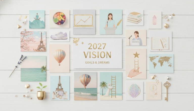 Beautiful aesthetic vision board with 2027 goals including wellness, career, and personal growth elements arranged in soft pastels