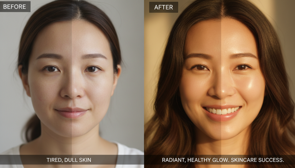 Beautiful woman with natural glowing radiant skin showing transformation results