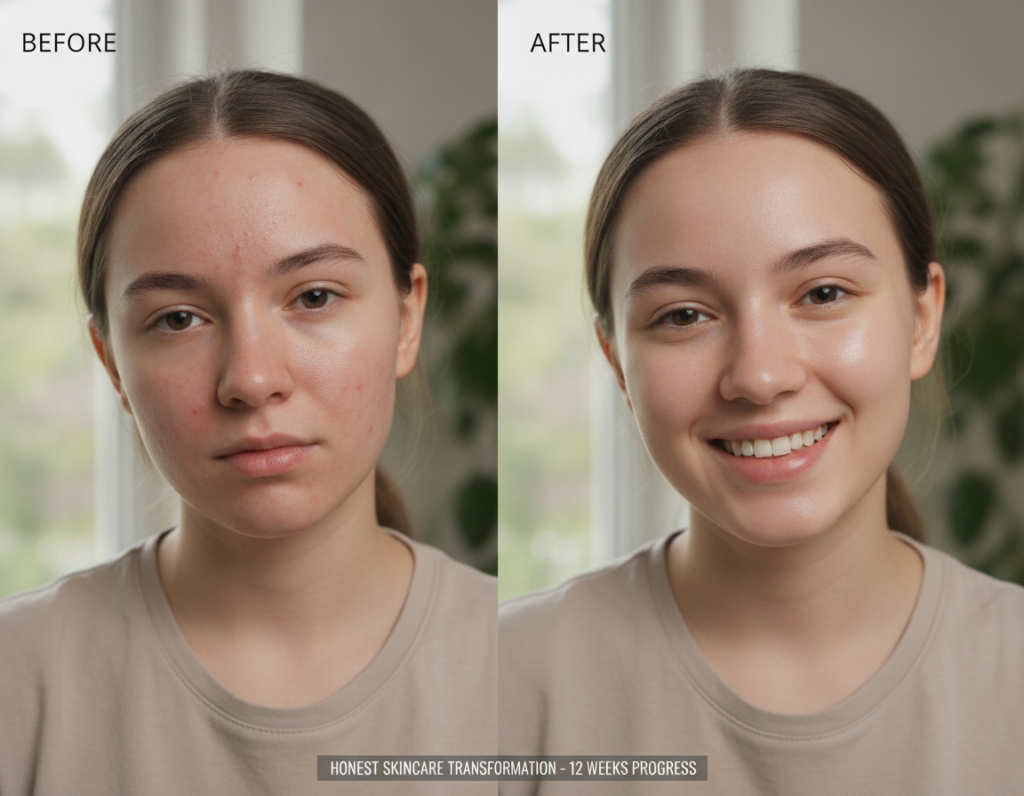 Before and after photos showing natural clear skin transformation progress