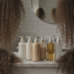 Best Curly Hair Products arranged beside defined curly hair