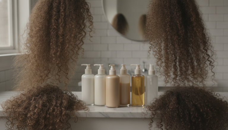 Best Curly Hair Products arranged beside defined curly hair