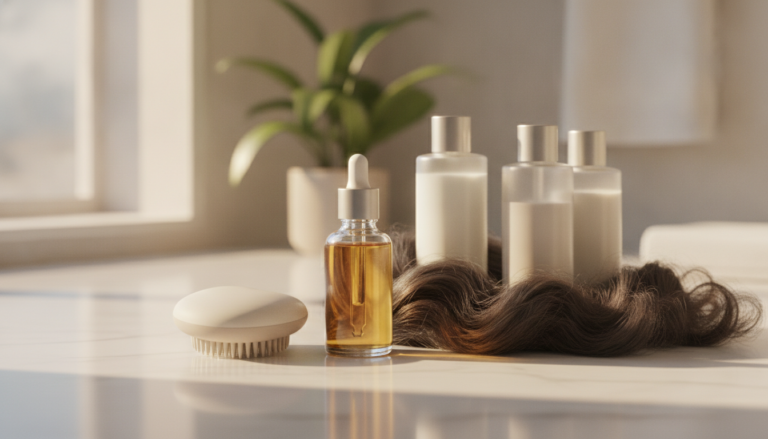 Best Hair Growth Products arranged beside a healthy hair scalp routine