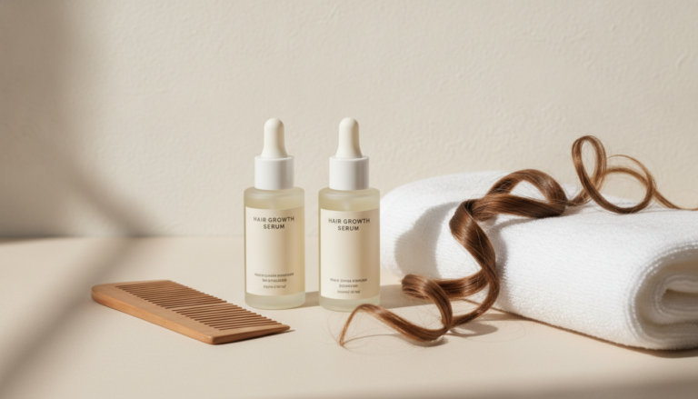 Best Hair Growth Products arranged beside a healthy scalp care routine