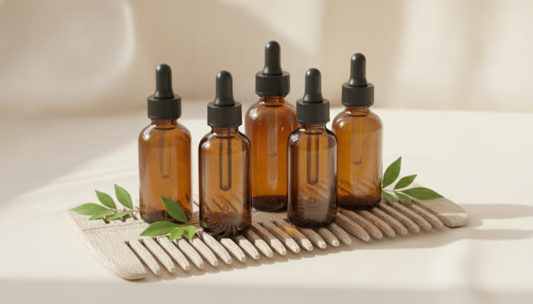 Best Hair Oil for Hair Growth bottles beside a wooden comb