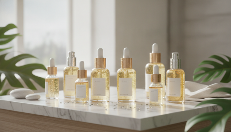 Best face serum for glowing skin displayed on marble vanity with natural lighting