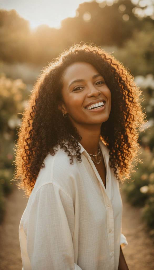 Black woman confidently wearing healthy natural hair Black woman confidently wearing healthy natural hair