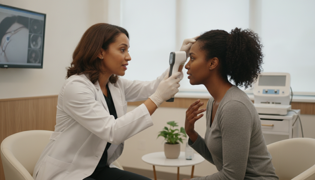 Black woman discussing scalp concerns with a dermatologist Black woman discussing scalp concerns with a dermatologist