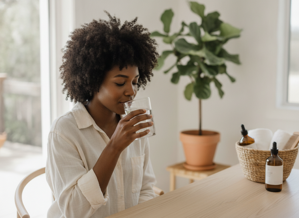 Black woman drinking water and caring for her curls Black woman drinking water and caring for her curls