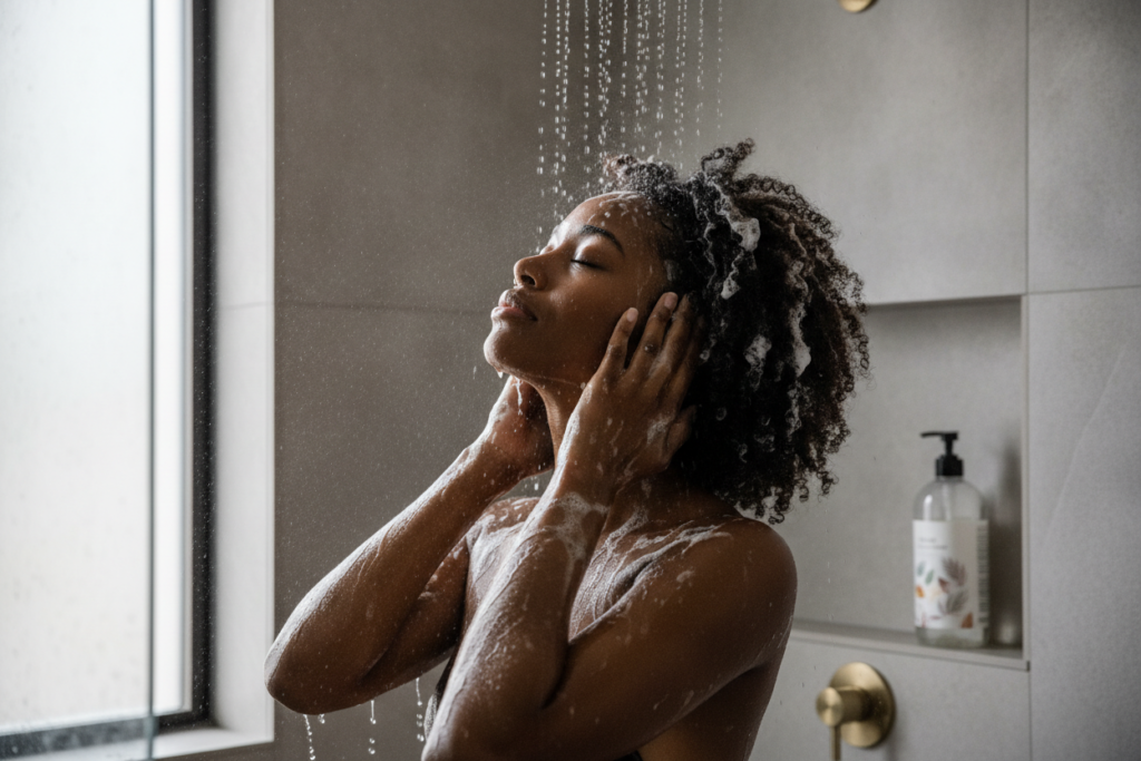 Black woman washing her natural hair with gentle shampoo Black woman washing her natural hair with gentle shampoo