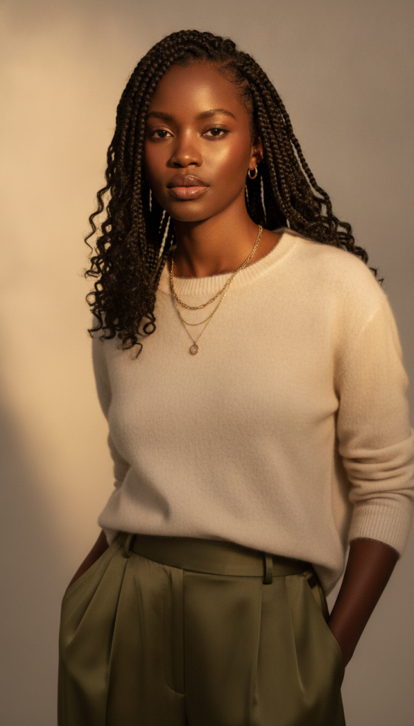 Black woman wearing a loose protective style with healthy edges Black woman wearing a loose protective style with healthy edges