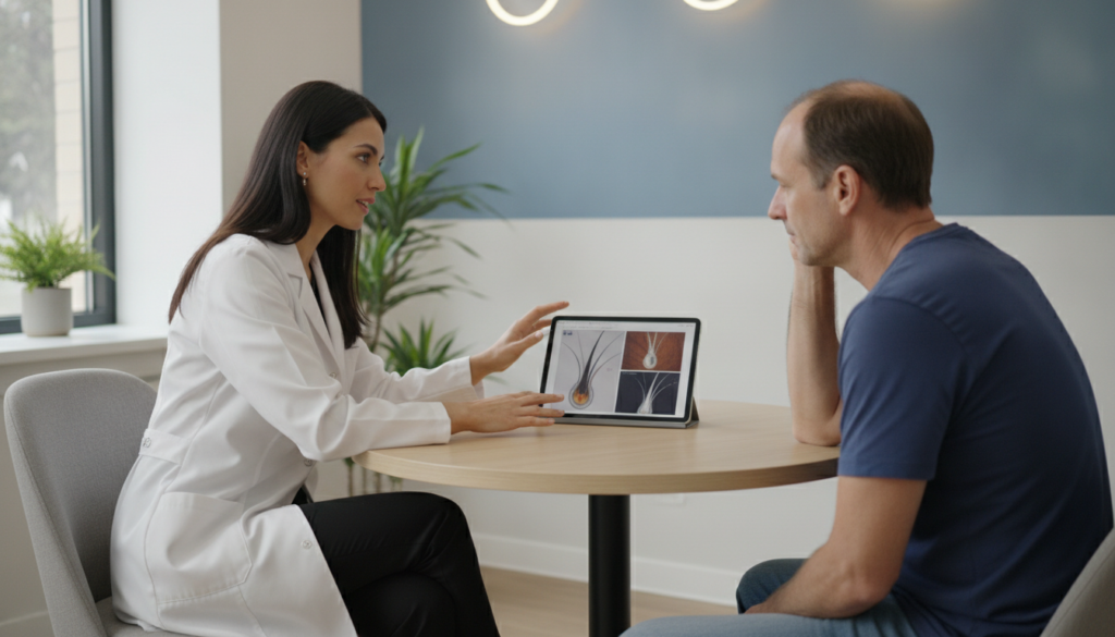 Board-certified dermatologist discussing scalp and hair concerns with a patient Board-certified dermatologist discussing scalp and hair concerns with a patient