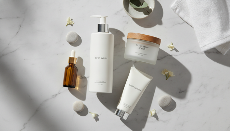 Body Skin Care essentials arranged on marble surface with natural light