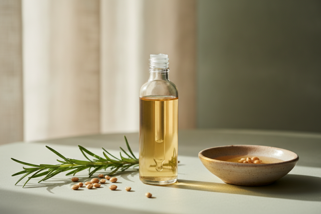 Botanical scalp oil product beside rosemary and jojoba ingredients Botanical scalp oil product beside rosemary and jojoba ingredients