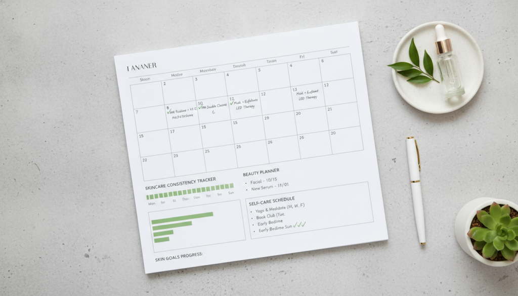 Calendar marking consistent skincare routine for achieving glowing skin results