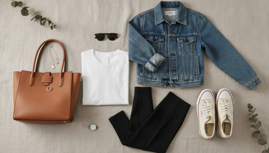 Capsule wardrobe essentials laid out aesthetically Capsule wardrobe essentials laid out aesthetically