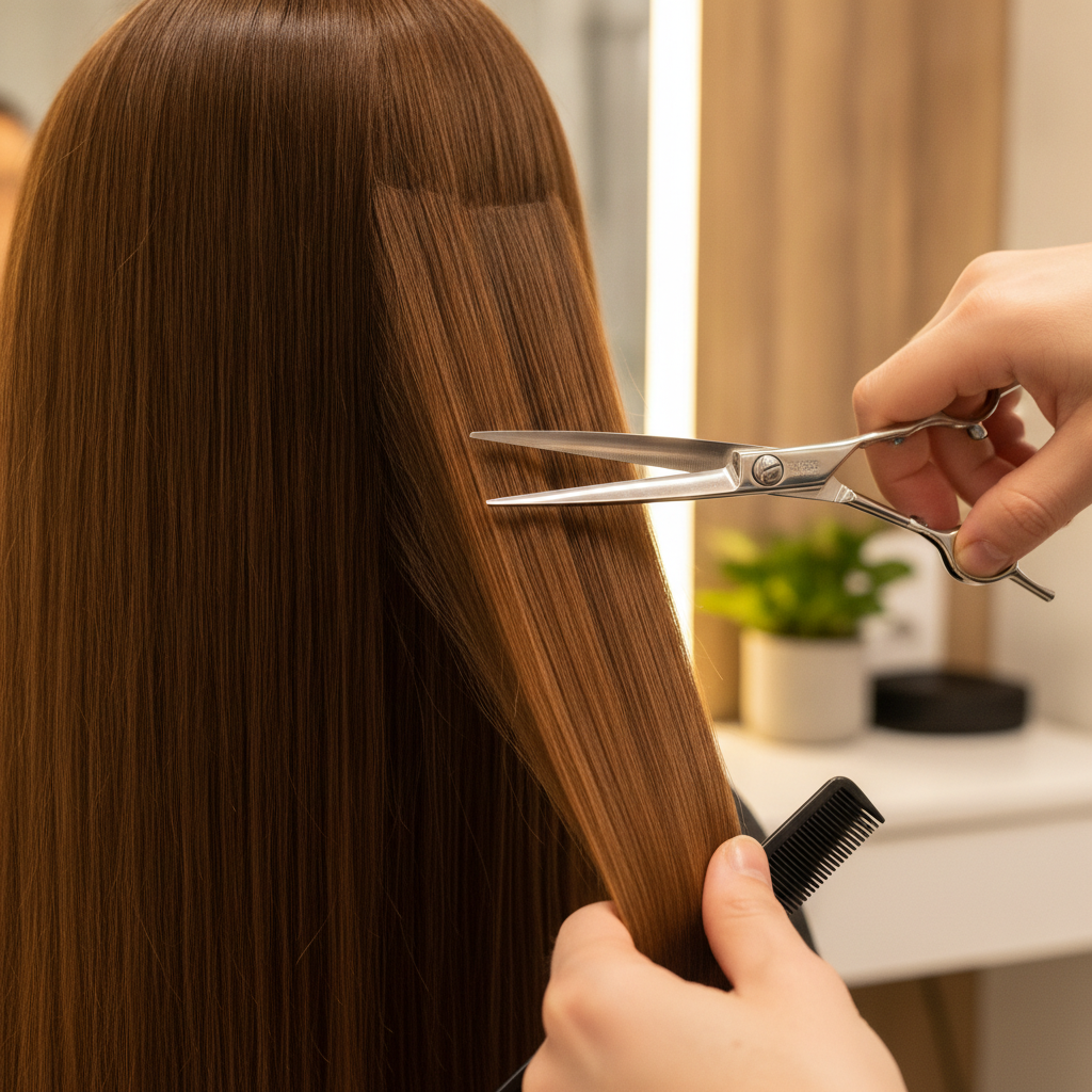 Careful trim of long hair ends for length retention