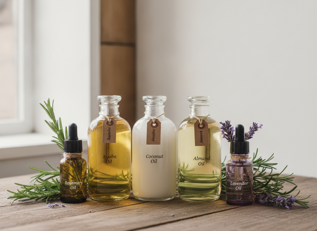 Carrier oil bottles with rosemary essential oil and lavender essential oil