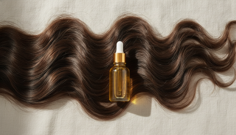 Castor Oil for Hair Growth bottle beside healthy hair