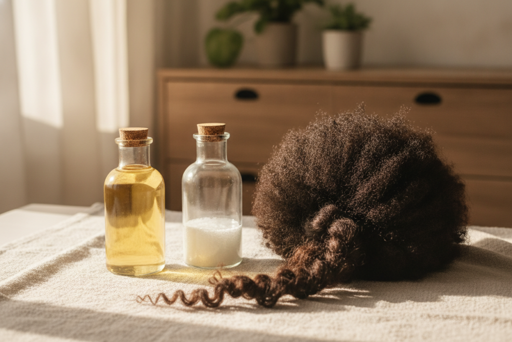 Castor oil and coconut oil beside textured natural hair Castor oil and coconut oil beside textured natural hair