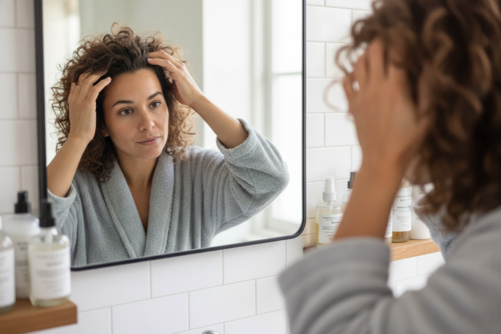 Checking the scalp before a massage for signs of irritation