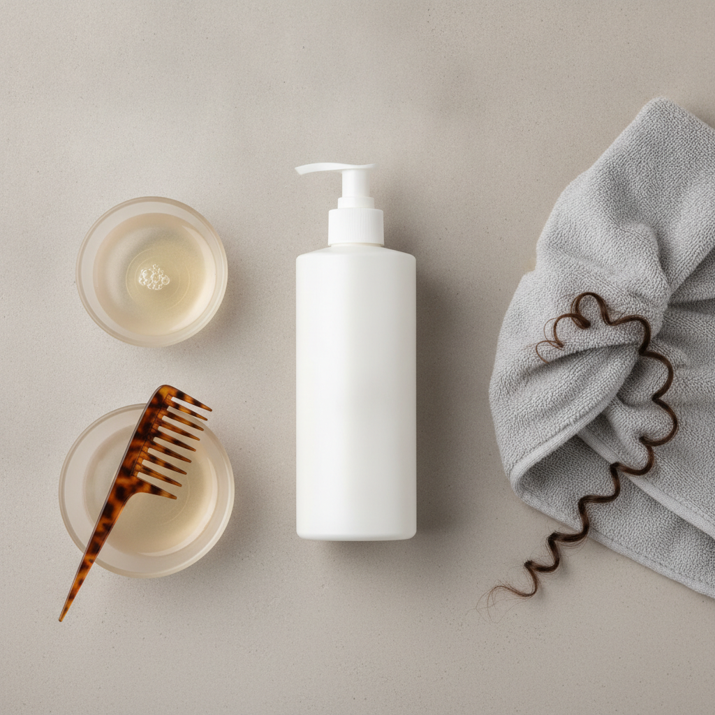 Clarifying shampoo and apple cider vinegar hair care setup