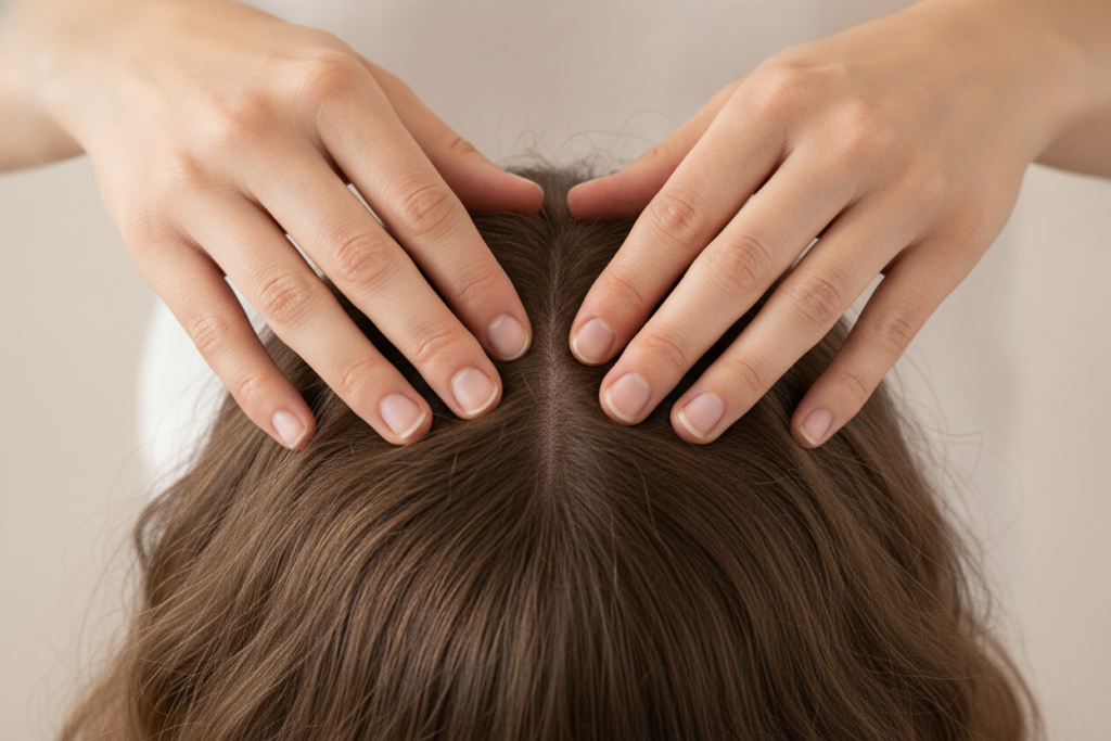 Clean fingertips preparing for a scalp massage