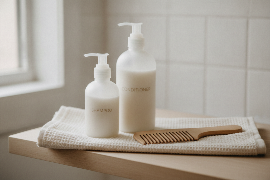 Clean scalp care products arranged at home