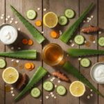 Clear Skin Home Remedies natural ingredients arranged on wooden surface
