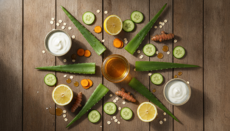 Clear Skin Home Remedies natural ingredients arranged on wooden surface