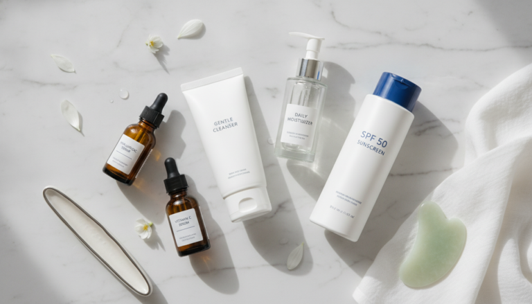 Clear Skin Routine essentials arranged on clean background