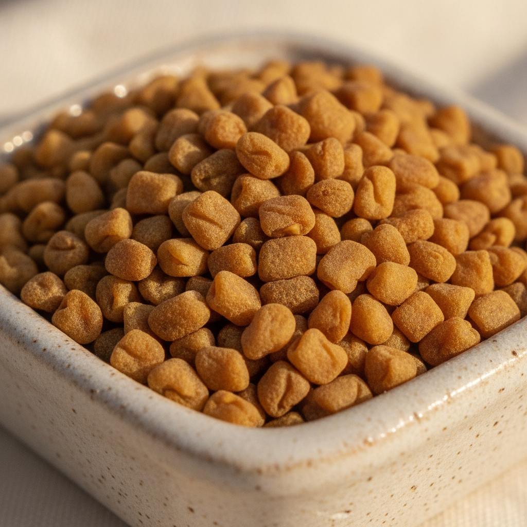 Close-up of golden fenugreek seed texture for hair care content