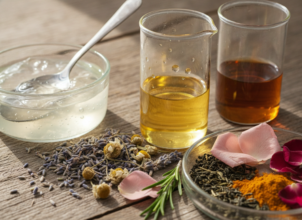 Close-up of natural skincare ingredients including botanical extracts and organic oils