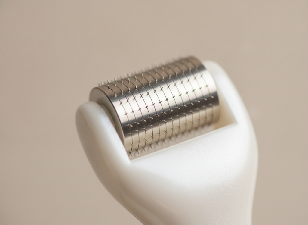 Close view of a handheld derma roller with tiny needles
