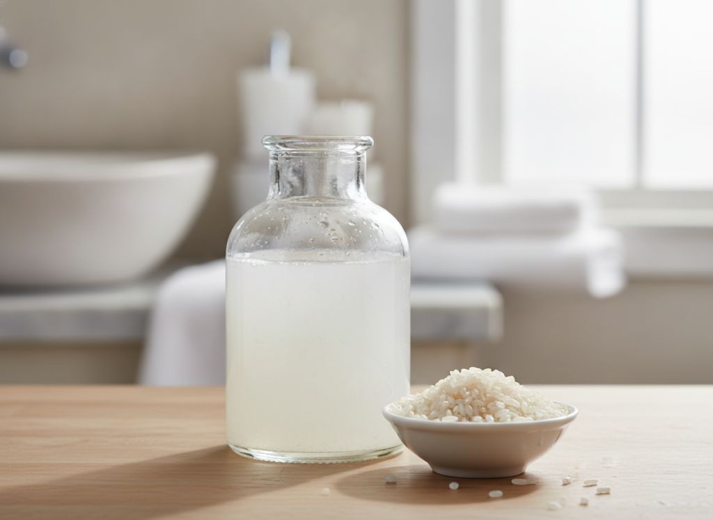 Close view of cloudy rice water in a glass jar for hair care Close view of cloudy rice water in a glass jar for hair care